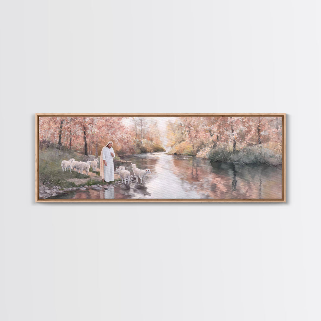 Pastoral Grace Reflections – Framed Canvas Print – Jesus Painting – Panoramic Print – Christian Wall Art – Christian Art Canvas – Christian