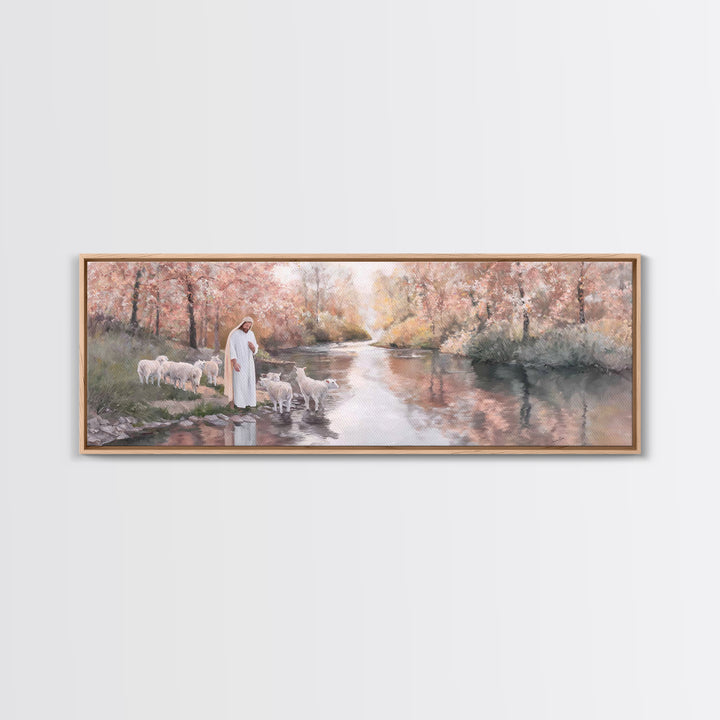 Pastoral Grace Reflections – Framed Canvas Print – Jesus Painting – Panoramic Print – Christian Wall Art – Christian Art Canvas – Christian