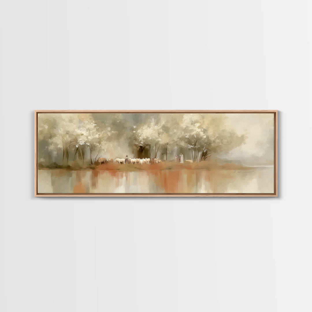 Garden Of The Shepherd, Framed Canvas Print, Jesus Painting, Christian Wall Art, Panoramic Art, Christian Art Canvas, Christian Gift Ideas