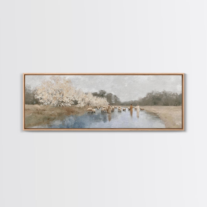 Riverside Shepherd Calm | Framed Canvas Print | Christian Art Canvas | Panoramic Wall Art | Jesus Painting | Christian Gift Ideas | Christi