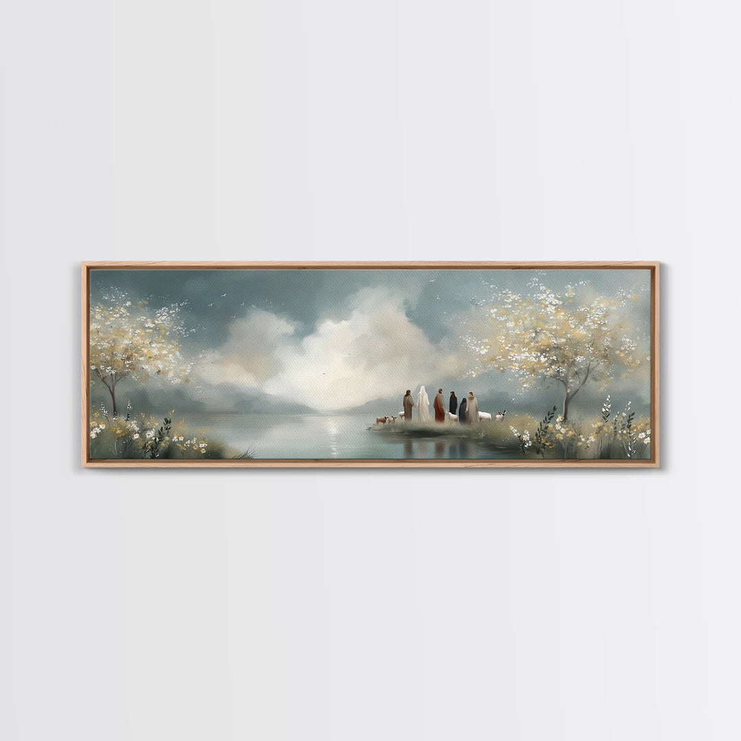 Springtime Shepherd Light – Framed Canvas Print – Christian Art Canvas – Panoramic Frame – Christian Wall Art – Jesus Painting – Christian