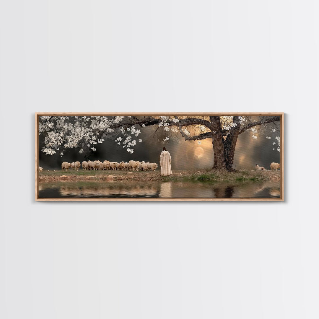 Shepherd’s Quiet Dawn, Framed Canvas Print, Christian Wall Art, Panoramic Print, Jesus Painting, Christian Art Canvas, Christian Gift Ideas