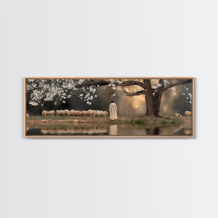 Shepherd’s Quiet Dawn, Framed Canvas Print, Christian Wall Art, Panoramic Print, Jesus Painting, Christian Art Canvas, Christian Gift Ideas