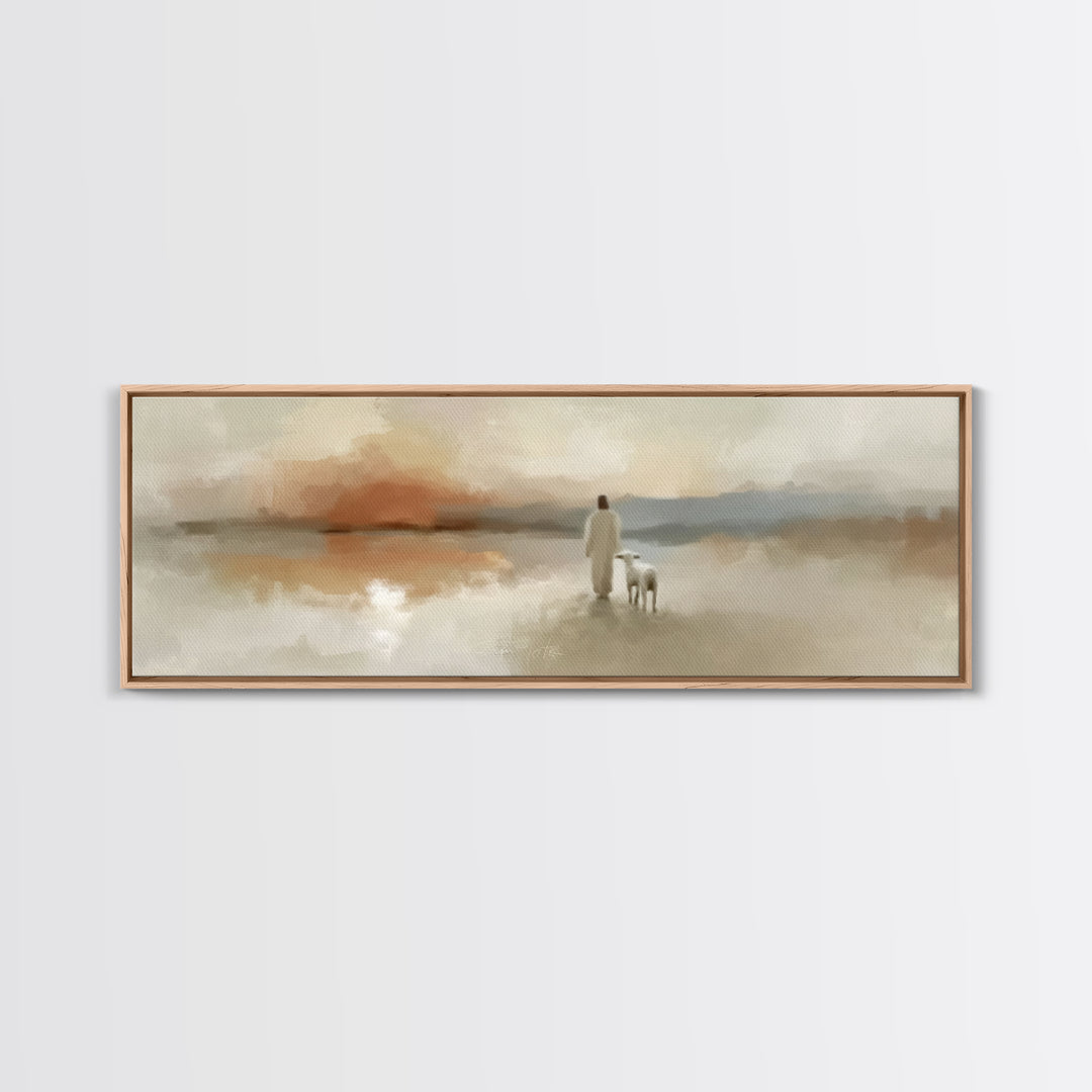 Evening Shepherd Light, Framed Canvas Print, Christian Art Canvas, Jesus Wall Art, Panoramic Painting, Christian Christmas Art, Modern Chri