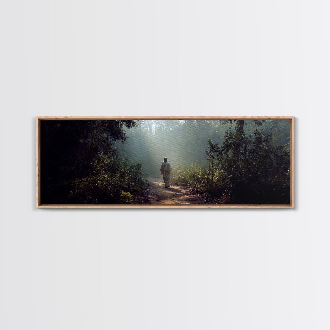 Light Through The Trees, Framed Canvas Print, Christian Wall Art, Jesus Painting, Panoramic Print, Christian Art Canvas, Large Christian Pa