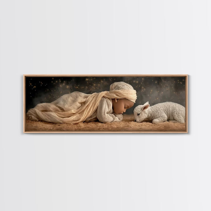 Peaceful Manger – Framed Canvas Print – Christian Christmas Art – Christian Wall Art – Panoramic Frame – Christian Art Canvas – Christmas D
