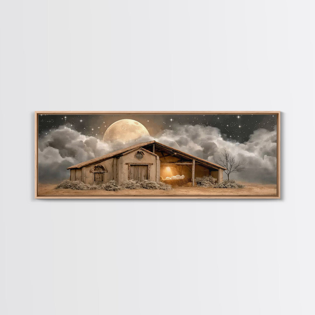 Starry Night Shelter, Framed Canvas Print, Panoramic Wall Art, Christian Christmas Art, Christmas Art Prints, Christian Wall Art, Christian