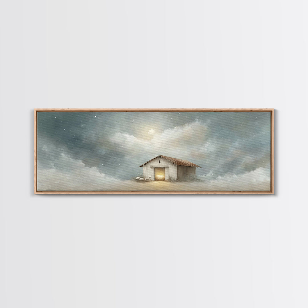 Midnight Stable Peace | Framed Canvas Print | Panoramic Painting | Christian Art Canvas | Christmas Wall Art | Christian Christmas Decor |