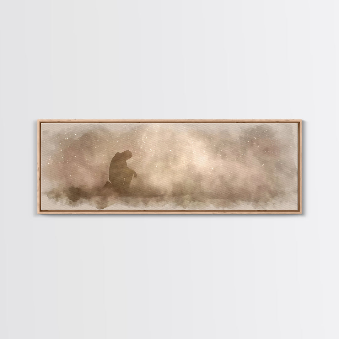 Kneeling Light | Framed Canvas Print | Panoramic Frame | Christian Art Canvas | Jesus Painting | Christian Wall Art | Christian Christmas A