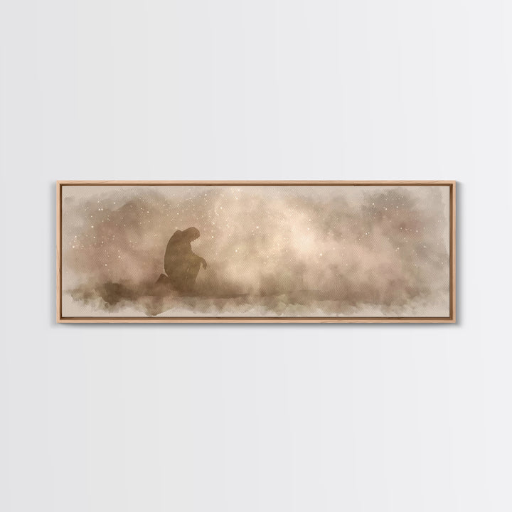 Kneeling Light | Framed Canvas Print | Panoramic Frame | Christian Art Canvas | Jesus Painting | Christian Wall Art | Christian Christmas A