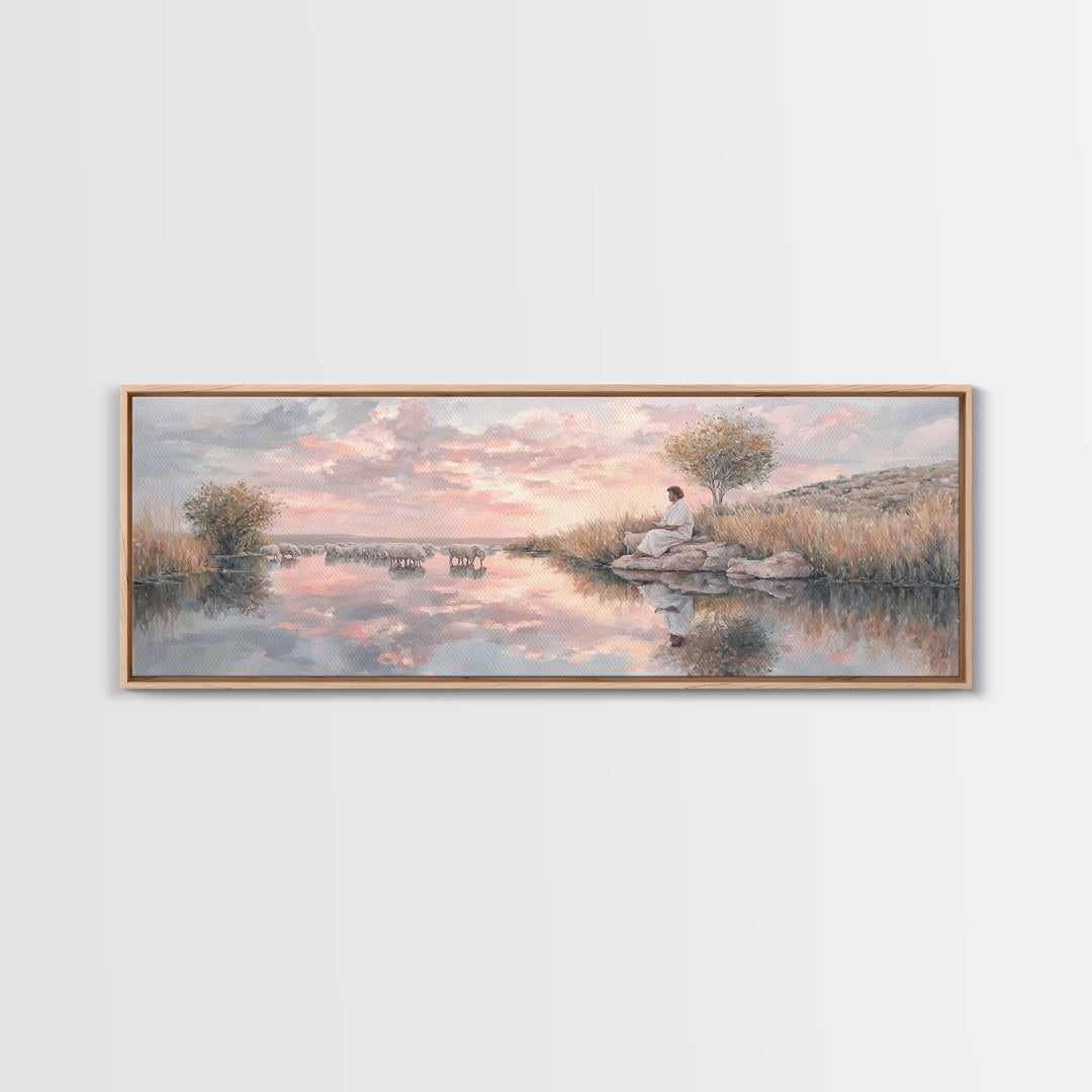 Shepherd’s Quiet Path, Framed Canvas Print, Panoramic Frame, Christian Art Canvas, Large Christian Painting, Jesus Painting, Christmas Wall