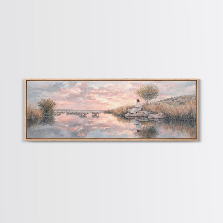 Shepherd’s Quiet Path, Framed Canvas Print, Panoramic Frame, Christian Art Canvas, Large Christian Painting, Jesus Painting, Christmas Wall