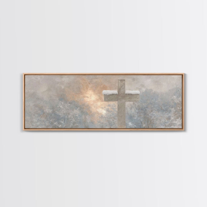 Winter Cross Light - Framed Canvas Print - Christian Wall Art - Panoramic Art - Christian Art Canvas - Christmas Art - Jesus Painting