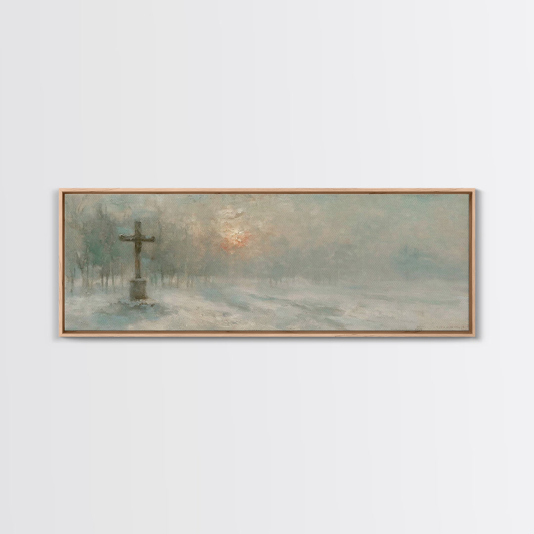 Silent Dawn Cross | Framed Canvas Print | Christian Art Canvas | Panoramic Painting | Christmas Wall Art | Modern Christian Art | Christian