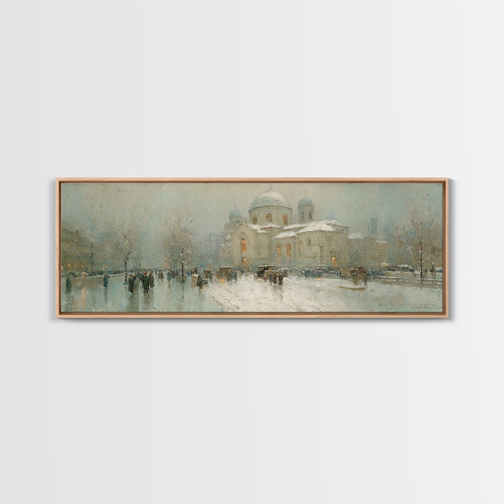 Snowy City Faith, Framed Canvas Print, Christian Art Work, Panoramic Wall Art, Christmas Art Prints, Christian Decor For Home, Modern Chris