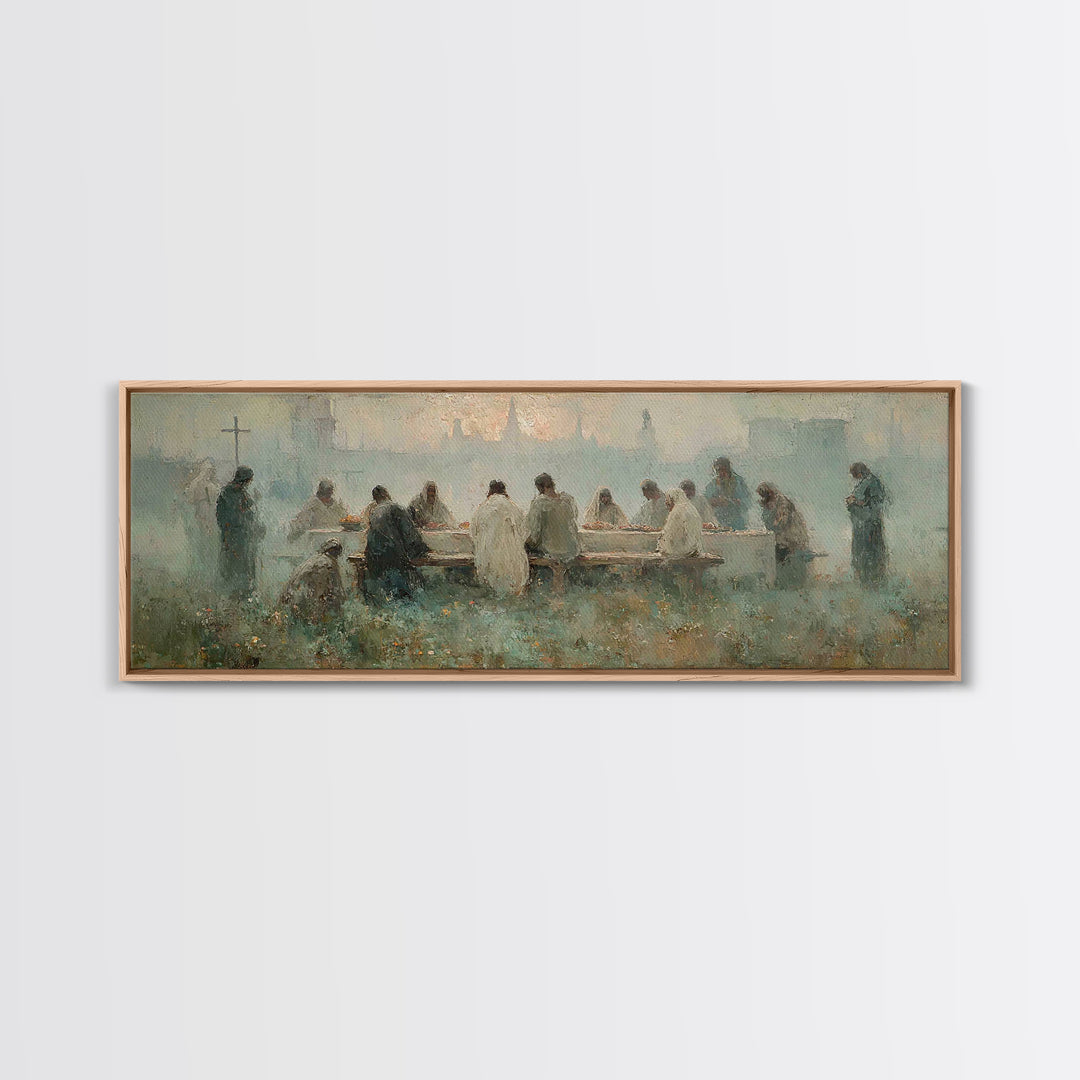 Upper Room Reverence, Framed Canvas Print, Christian Paintings, Large Christian Painting, Jesus Art Print, Panoramic Painting, Christian Ar
