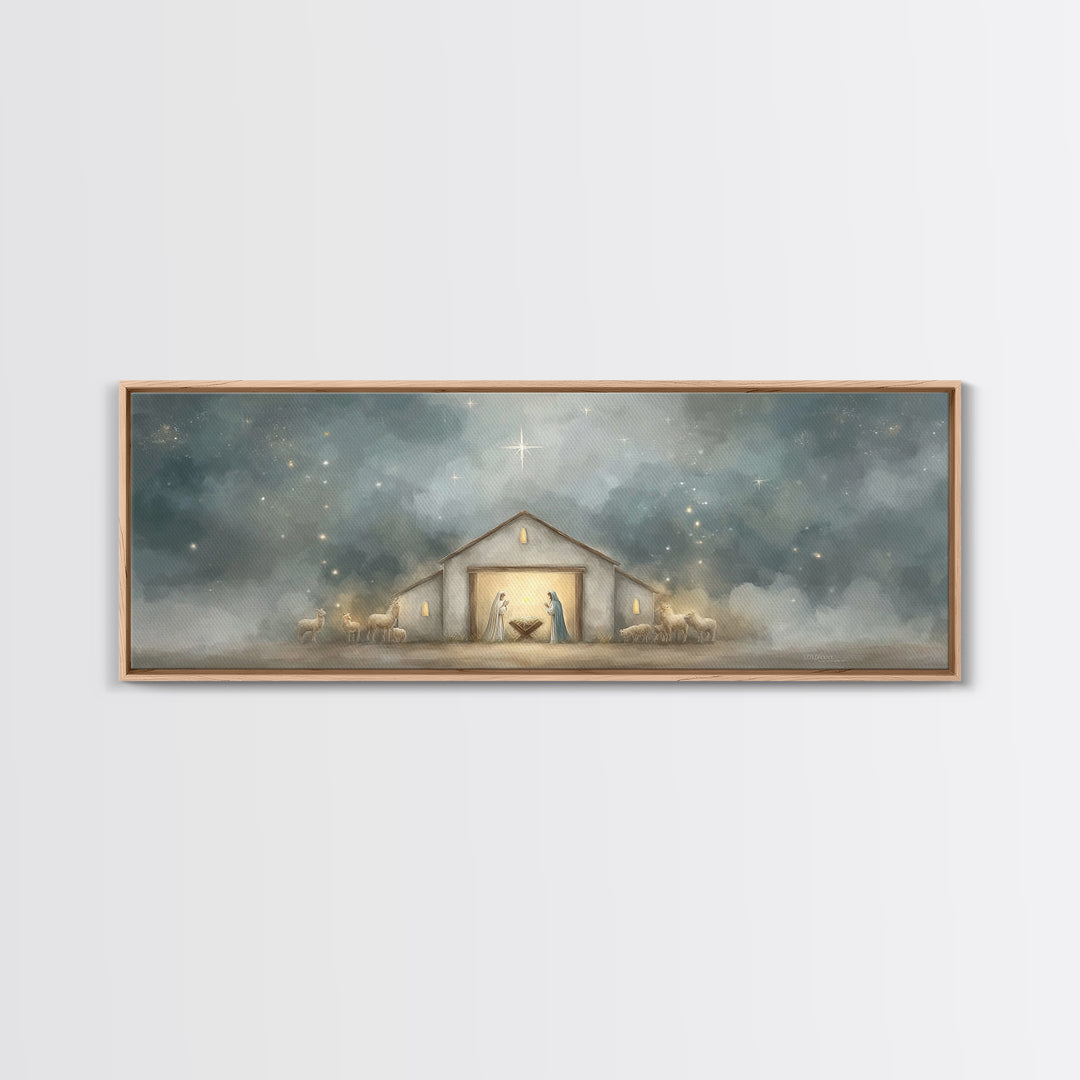 Starry Night Manger - Framed Canvas Print - Panoramic Print - Christian Christmas Art - Christian Art Canvas - Jesus Painting