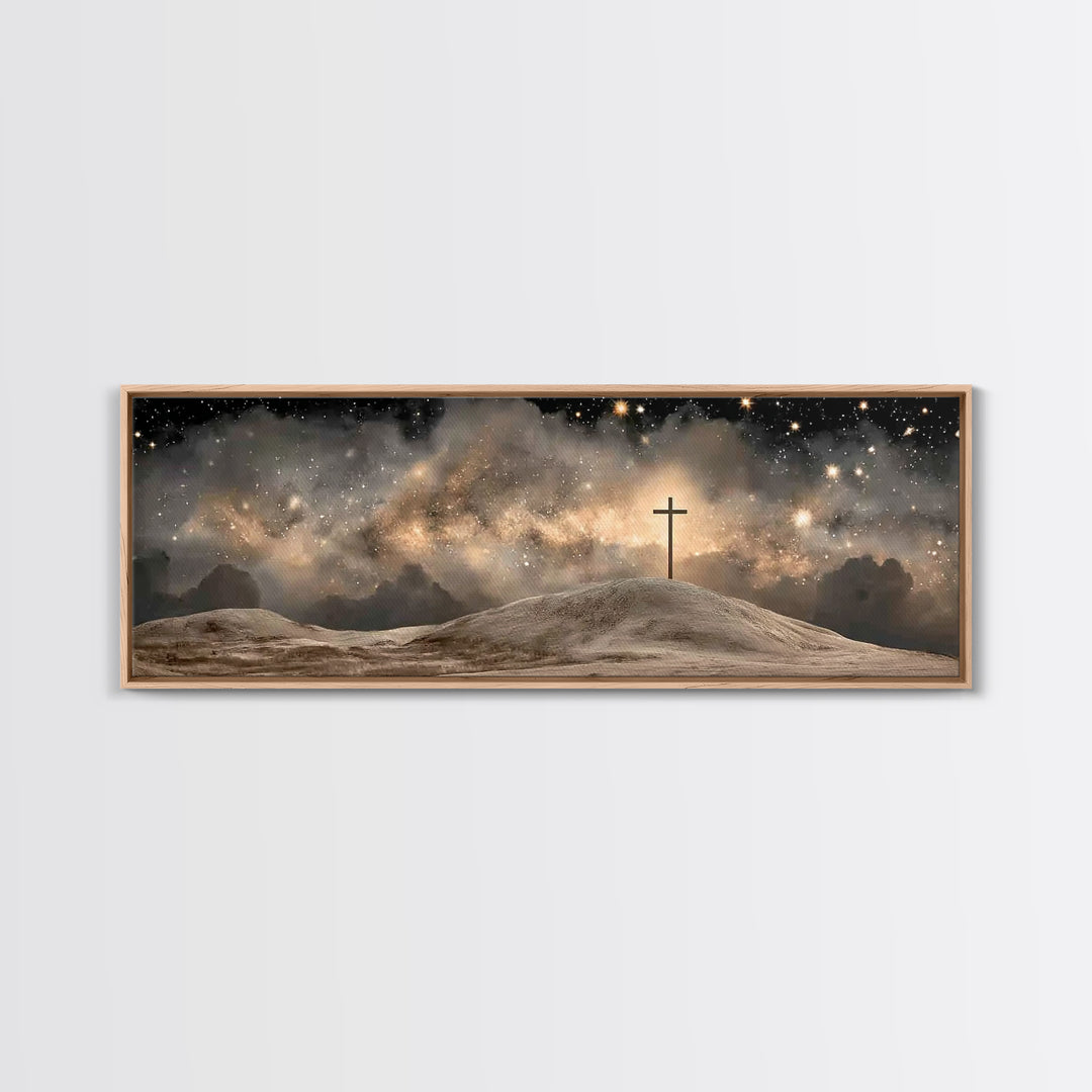 Cross On The Hill, Framed Canvas Print, Panoramic Art, Christian Wall Art, Christian Art Canvas, Jesus Painting, Christmas Art