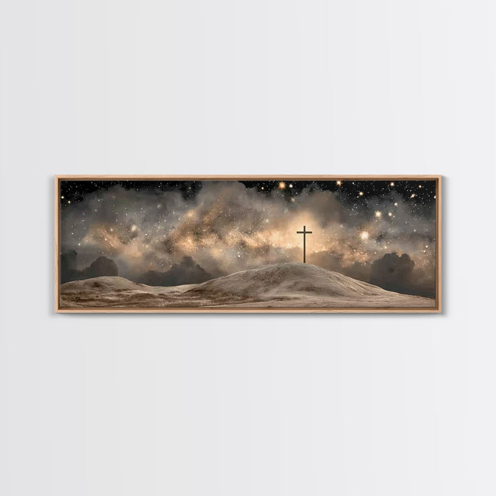 Cross On The Hill, Framed Canvas Print, Panoramic Art, Christian Wall Art, Christian Art Canvas, Jesus Painting, Christmas Art