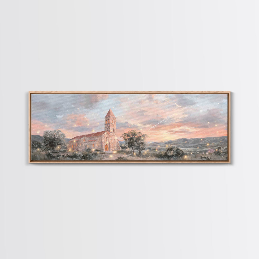 Evening Parish Glow | Framed Canvas Print | Panoramic Wall Art | Christian Art Canvas | Christian Christmas Art | Christian Wall Art | Chri