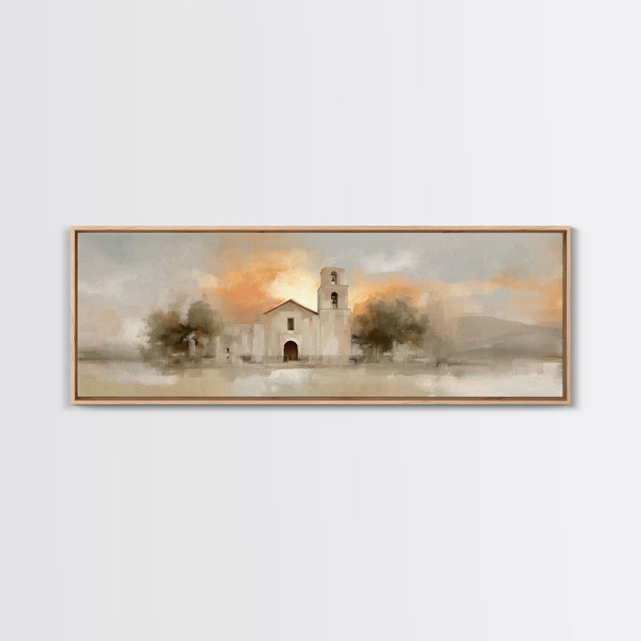 Mission At Sunset – Framed Canvas Print – Christian Art Canvas – Panoramic Painting – Christian Wall Art – Christmas Art – Jesus Painting