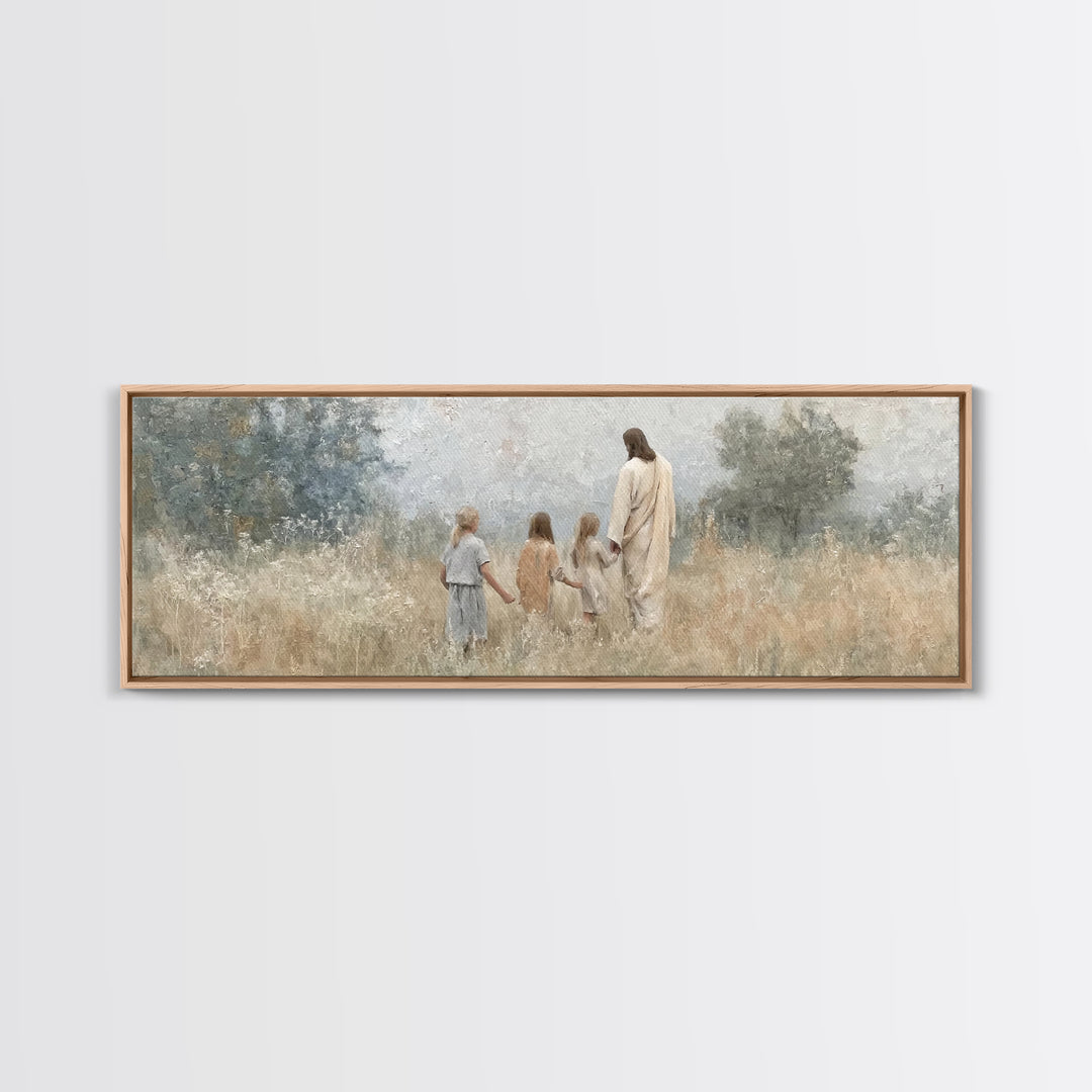 Gentle Meadow Walk – Framed Canvas Print – Christian Wall Art – Jesus Painting – Christian Art Canvas – Panoramic Art – Christian Christmas