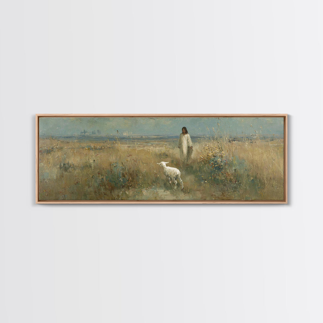 Quiet Meadow Grace, Framed Canvas Print, Christian Wall Art, Panoramic Print, Jesus Painting, Christian Christmas Art, Christian Art Canvas