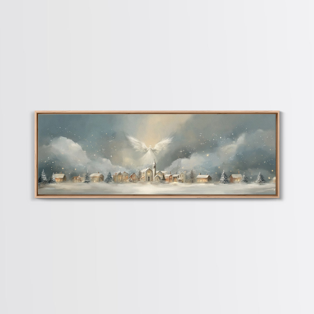 Heavenly Village Light, Framed Canvas Print, Christian Wall Art, Panoramic Painting, Christian Christmas Art, Christian Art Canvas, Holiday