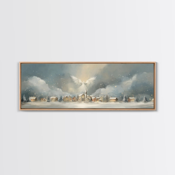Heavenly Village Light, Framed Canvas Print, Christian Wall Art, Panoramic Painting, Christian Christmas Art, Christian Art Canvas, Holiday