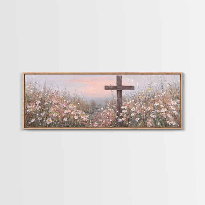 Silent Cross Meadow | Framed Canvas Print | Panoramic Wall Art | Christian Art Canvas | Subtle Christian Art | Christian Decor | Christmas