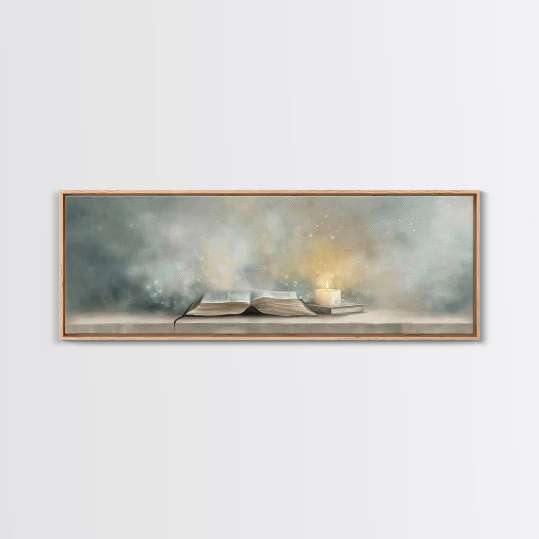 Candlelit Scripture | Framed Canvas Print | Christian Christmas Art | Panoramic Wall Art | Christian Art Canvas | Christian Painting | Chri
