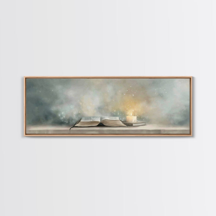 Candlelit Scripture | Framed Canvas Print | Christian Christmas Art | Panoramic Wall Art | Christian Art Canvas | Christian Painting | Chri