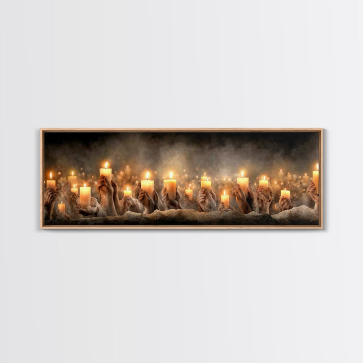 Uplifted Flame Tribute, Framed Canvas Print, Christian Wall Art, Panoramic Art, Christian Christmas Art, Christian Art Canvas, Prayer Art