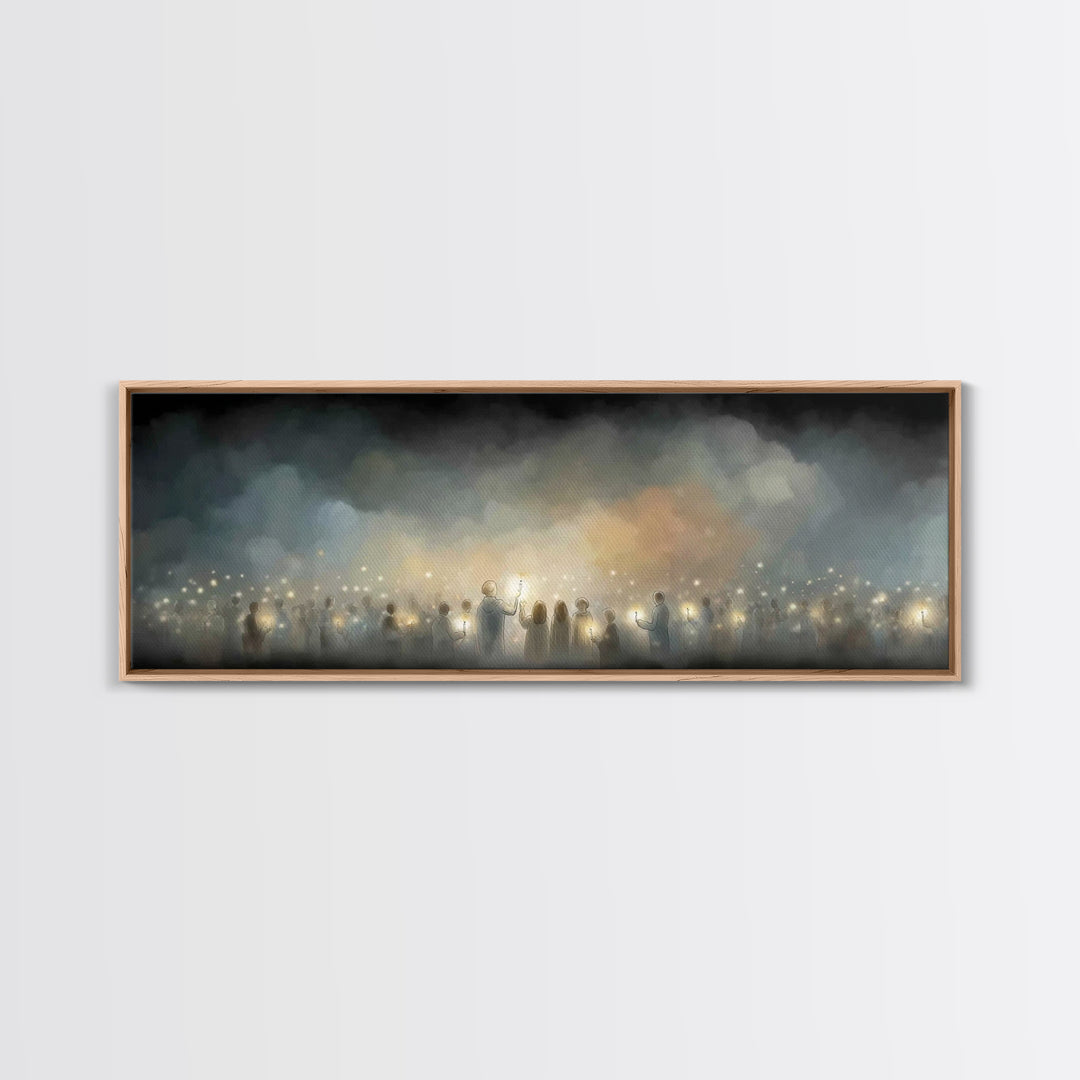 Twilight Candle Crowd | Framed Canvas Print | Christian Wall Art | Panoramic Frame | Christian Art Canvas | Christmas Art | Devotional Art