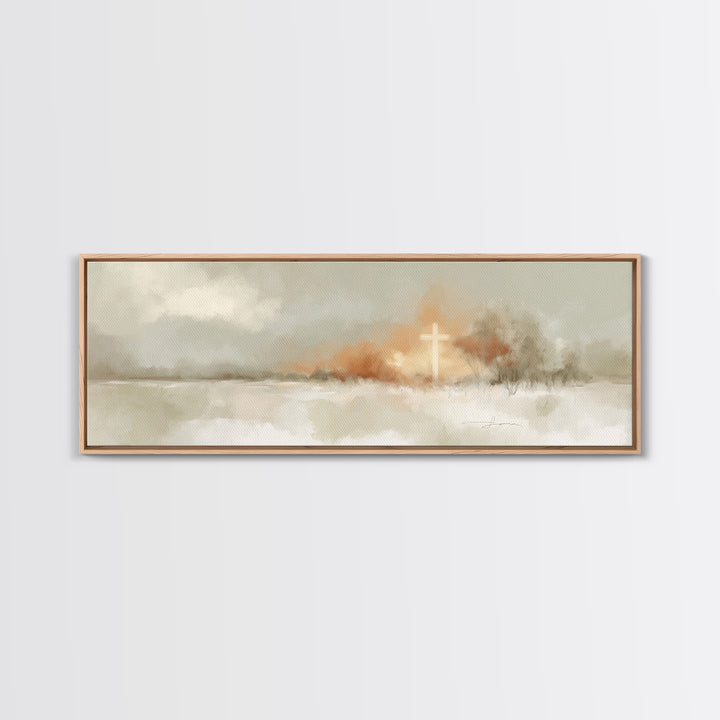 Light On Calvary, Framed Canvas Print, Christian Wall Art, Panoramic Painting, Christian Art Canvas, Christian Painting, Christian Decor