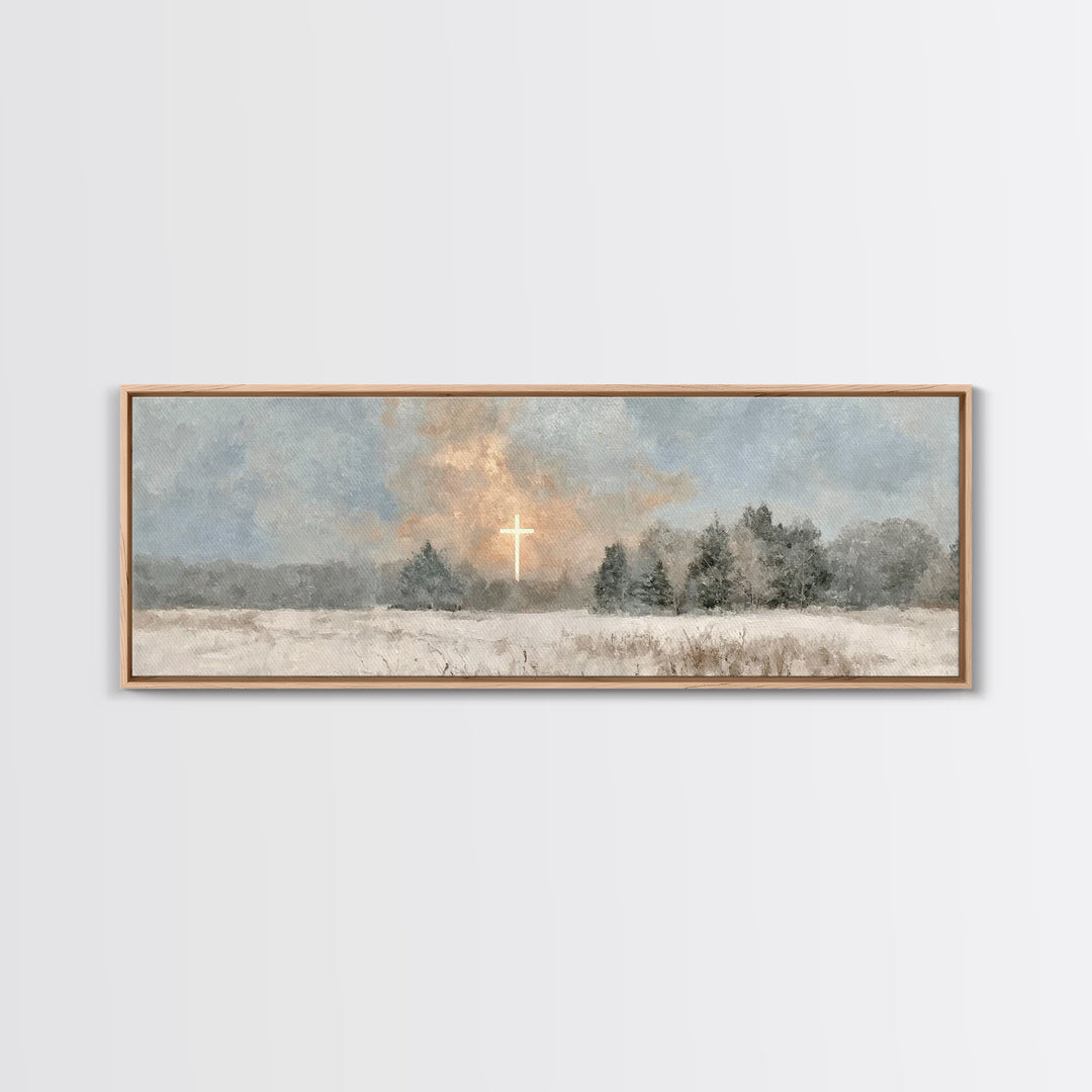 Winter Cross Light, Framed Canvas Print, Panoramic Art, Christian Art Canvas, Christian Wall Art, Christian Painting, Christmas Art