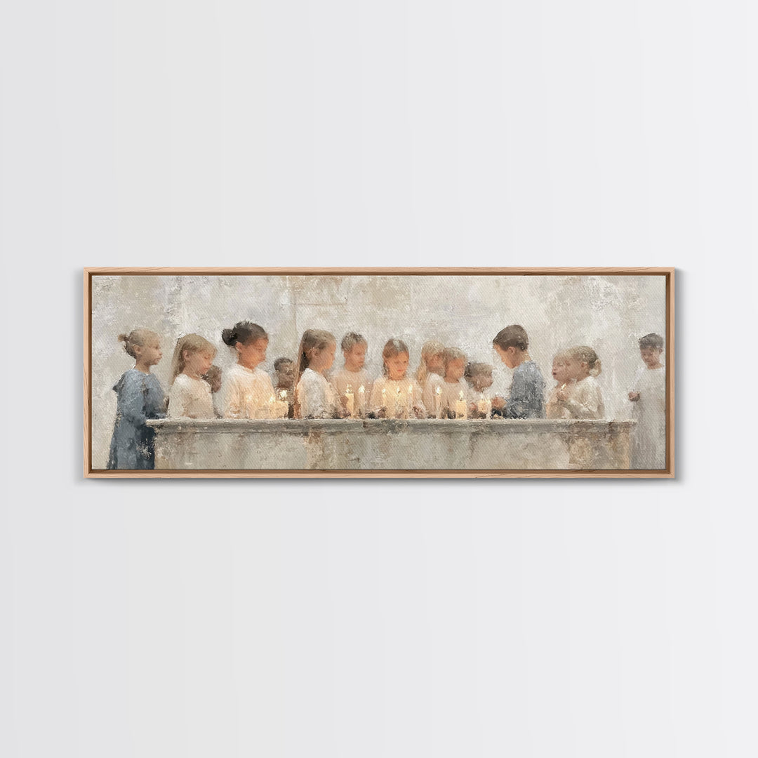Children’s Candle Prayer – Framed Canvas Print – Panoramic Art – Christian Wall Art – Christian Art Canvas – Christian Painting – Christmas