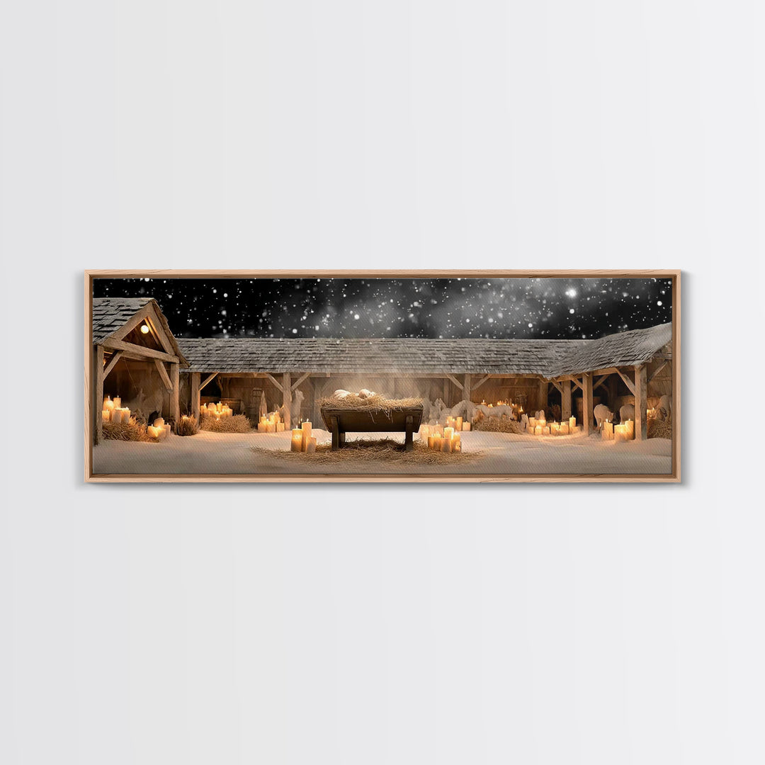 Holy Night Cradle, Framed Canvas Print, Panoramic Painting, Christian Wall Art, Jesus Christmas Art, Christian Art Canvas, Christmas Art