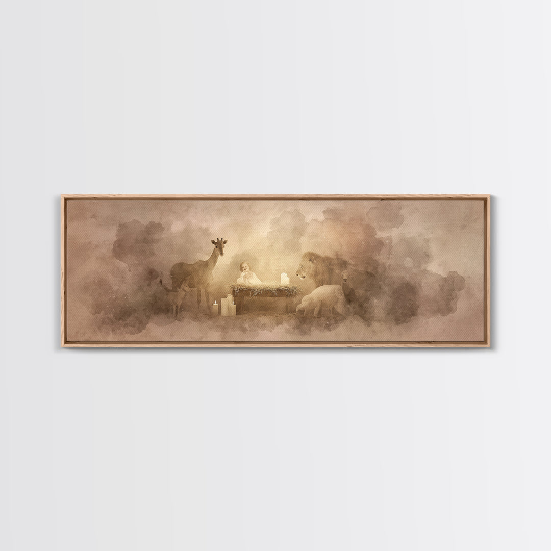 Gentle Manger Peace, Framed Canvas Print, Christian Wall Art, Panoramic Art, Christian Art Canvas, Christmas Art, Christian Christmas Decor