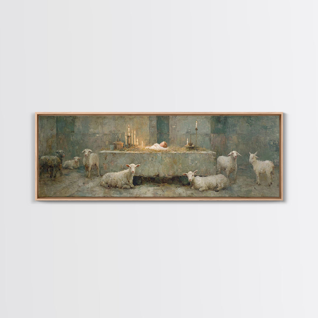 Quiet Stable Glory – Framed Canvas Print – Panoramic Art – Christian Wall Art – Christmas Wall Art – Christian Art Canvas – Vintage Christi