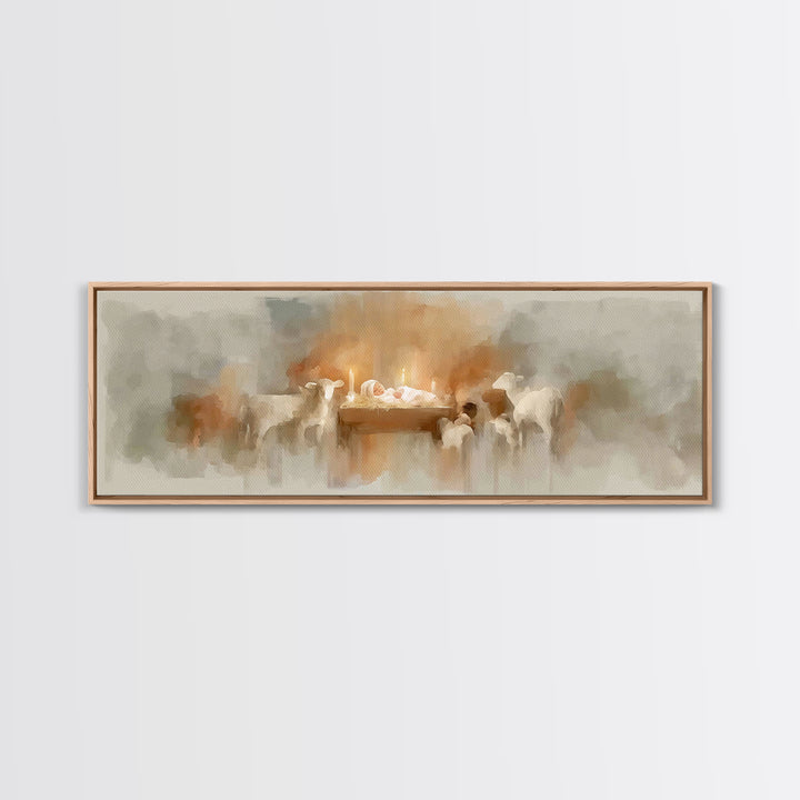 Soft Manger Glow | Framed Canvas Print | Christmas Art | Christian Art Canvas | Panoramic Painting | Christian Wall Art | Christian Christm