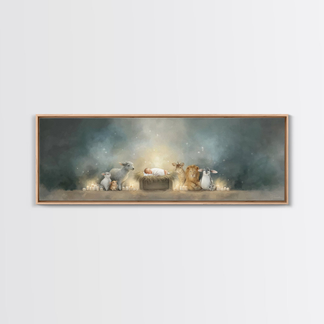 Starry Cradle Light, Framed Canvas Print, Christian Christmas Art, Christian Art Canvas, Panoramic Art, Christmas Wall Art, Christian Art