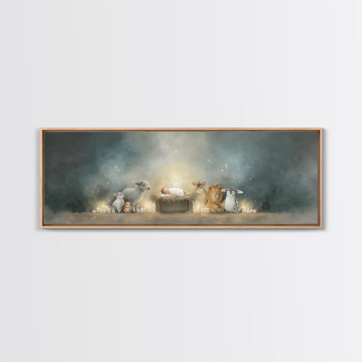 Starry Cradle Light, Framed Canvas Print, Christian Christmas Art, Christian Art Canvas, Panoramic Art, Christmas Wall Art, Christian Art