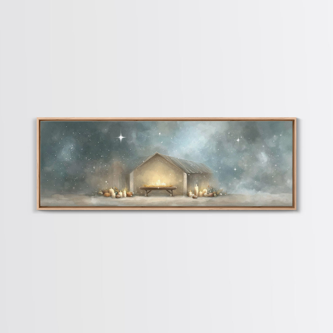 Gentle Stable Peace – Framed Canvas Print – Panoramic Painting – Christian Wall Art – Christian Art Canvas – Christmas Art – Subtle Christi