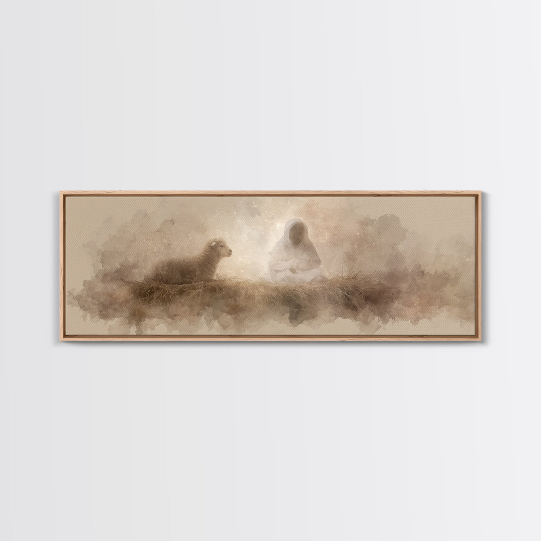 Starry Manger Glow | Framed Canvas Print | Christian Christmas Art | Christian Art Canvas | Jesus Painting | Panoramic Wall Art