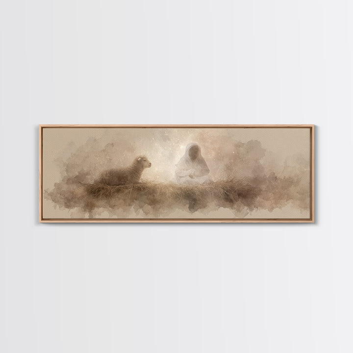 Starry Manger Glow | Framed Canvas Print | Christian Christmas Art | Christian Art Canvas | Jesus Painting | Panoramic Wall Art
