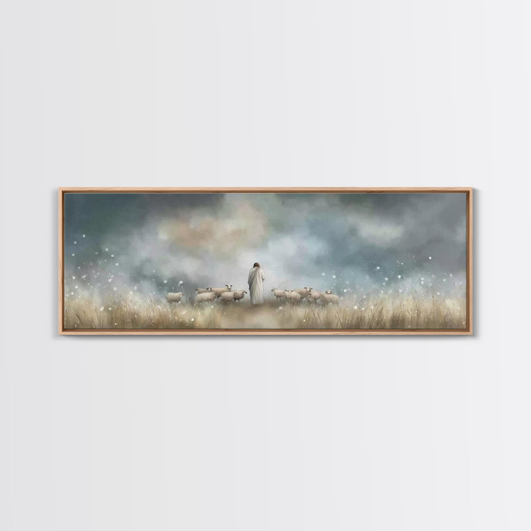Pastoral Shepherd Light, Framed Canvas Print, Jesus Painting, Christian Wall Art, Panoramic Art, Christian Art Canvas, Christian Decoration