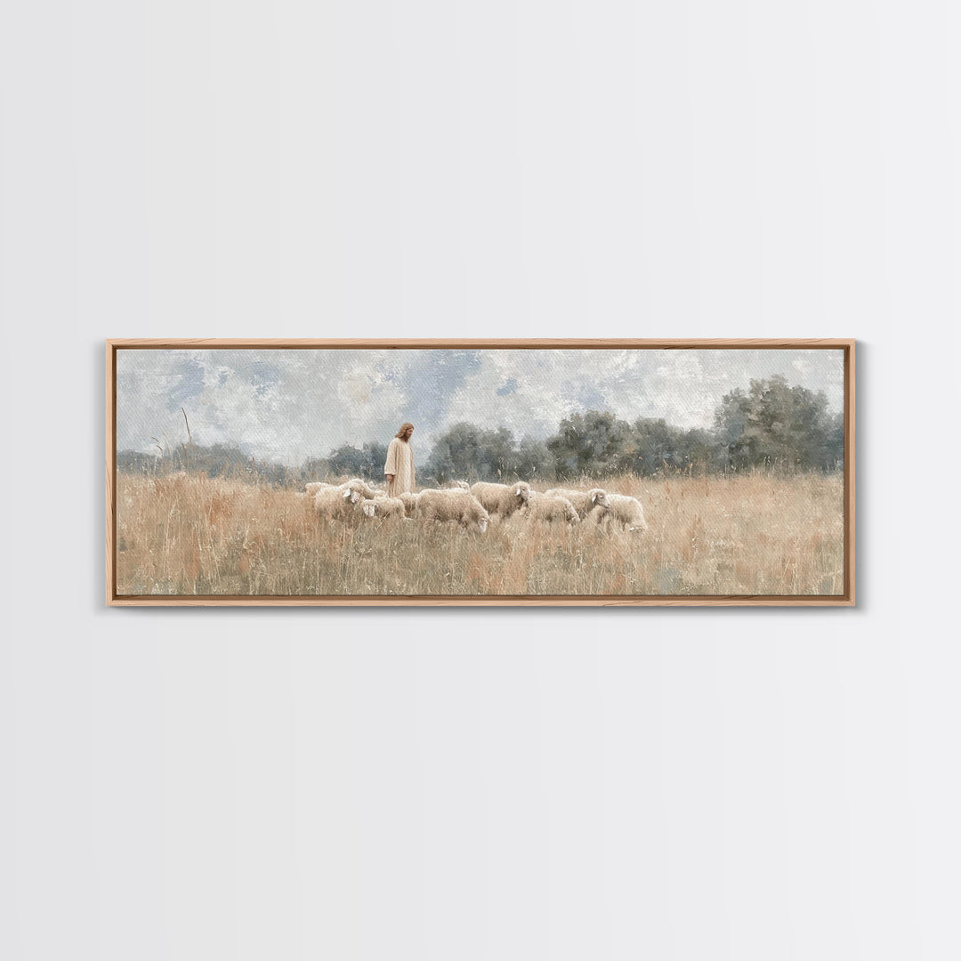 Quiet Meadow Flock, Framed Canvas Print, Christian Art Work, Jesus Painting, Panoramic Print, Christian Decor For Home, Christian Art Canva