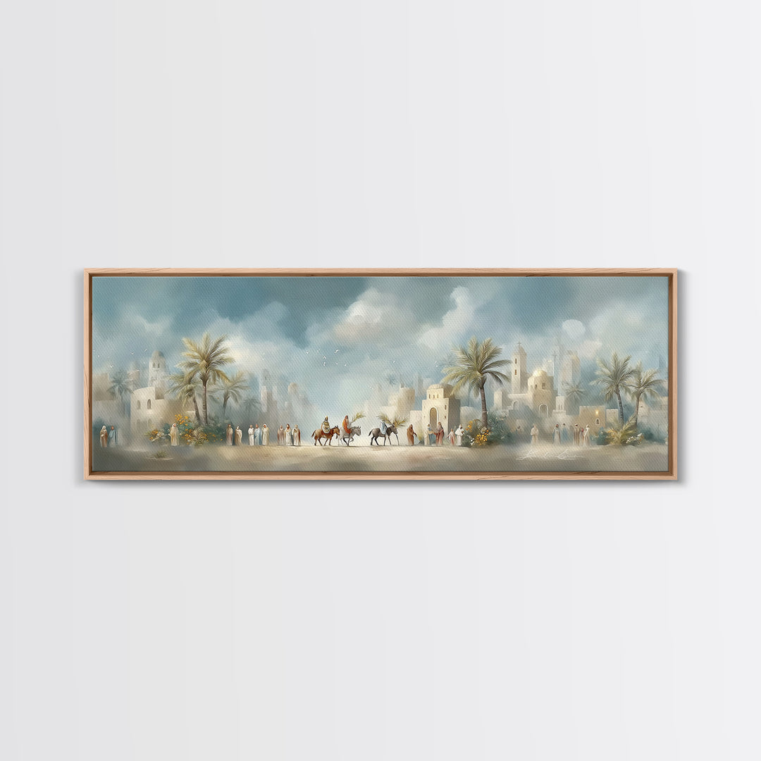 Desert Palm Caravan, Framed Canvas Print, Christian Art Canvas, Panoramic Art, Jesus Wall Art, Christian Decor, Christmas Canvas Wall Art