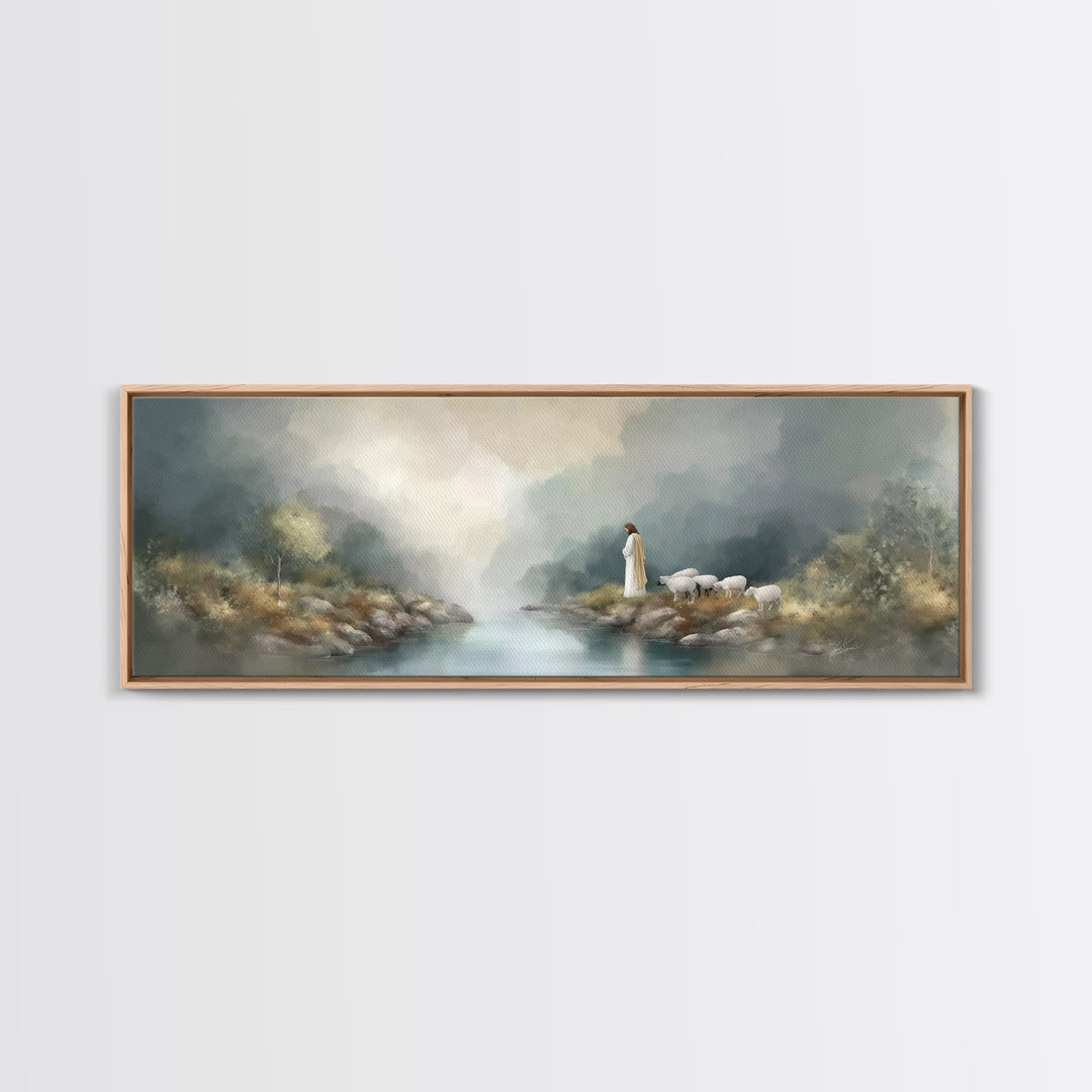 Shepherd's Quiet Path – Framed Canvas Print – Panoramic Frame – Jesus Painting – Christian Art Canvas – Christian Wall Art